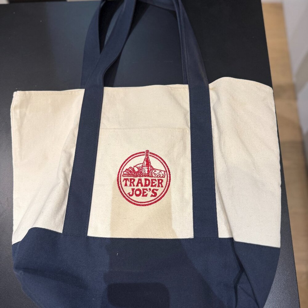 Trader Joes Large Tote Shopping Bag Cotton Canvas Embroidered Bag (1), Navy Blue